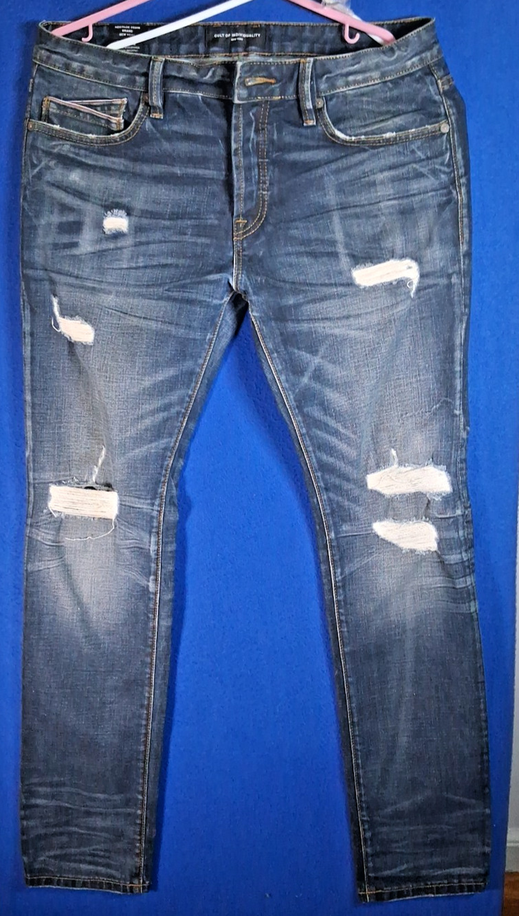 Cult of Individuality Greaser Straight Jeans Mens 34x34 Distressed Button Fly